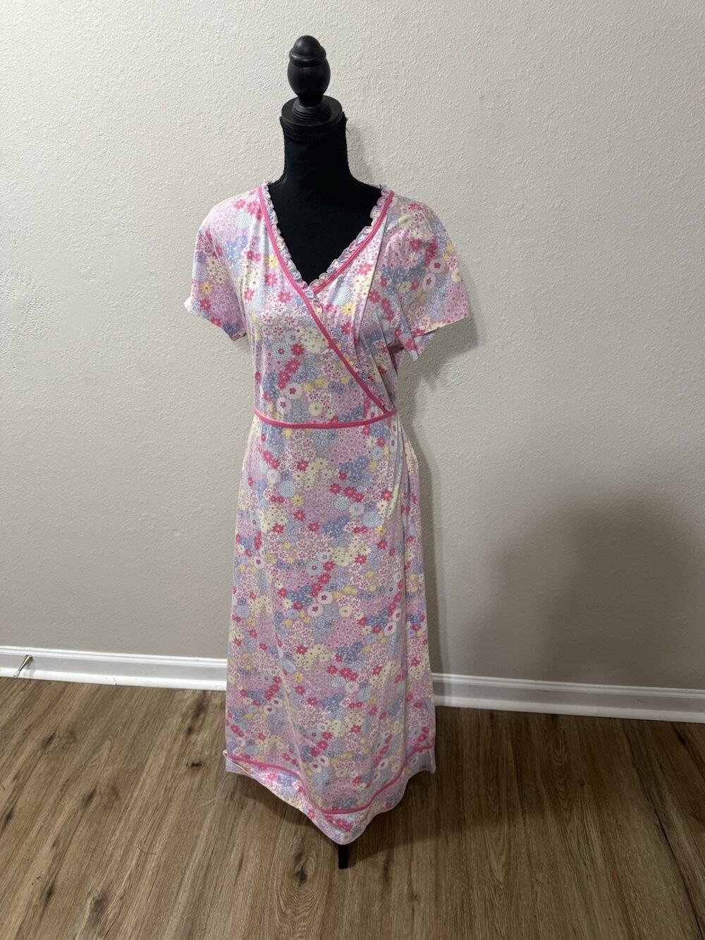 Hanna Andersson Floral Maxi Lounge Dress L Pink Faux Wrap V-Neck Housecoat Gown